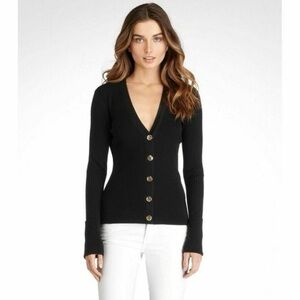 TORY BURCH Simone Cardigan Black Gold Oversized Logo Buttons Cotton Size XS